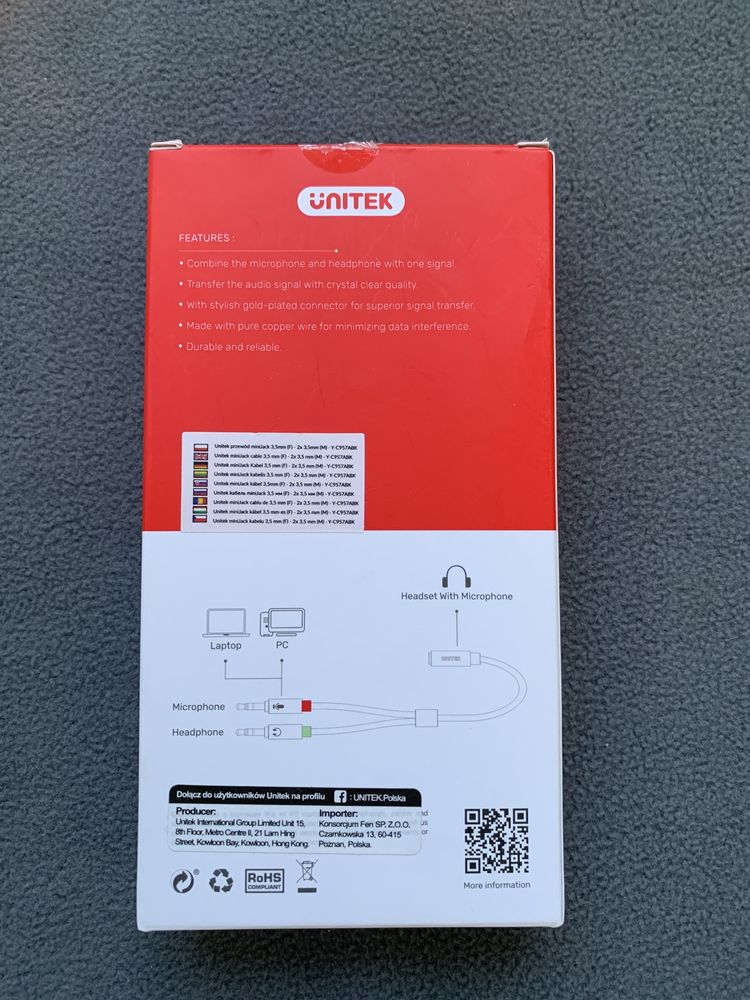 Przewód UNITEK - minijack 3.5mm na 2x 3.5mm