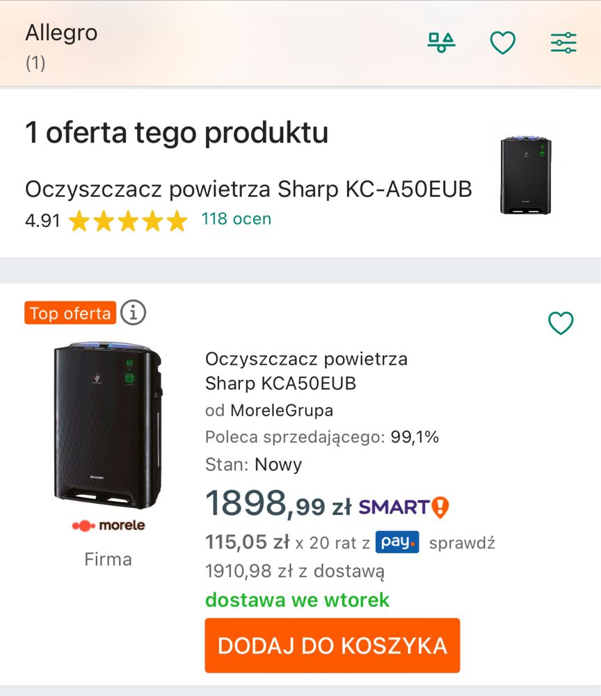 Oczyszczacz powietrza Sharp KC-A50EU-B nawilzacz jonizacja