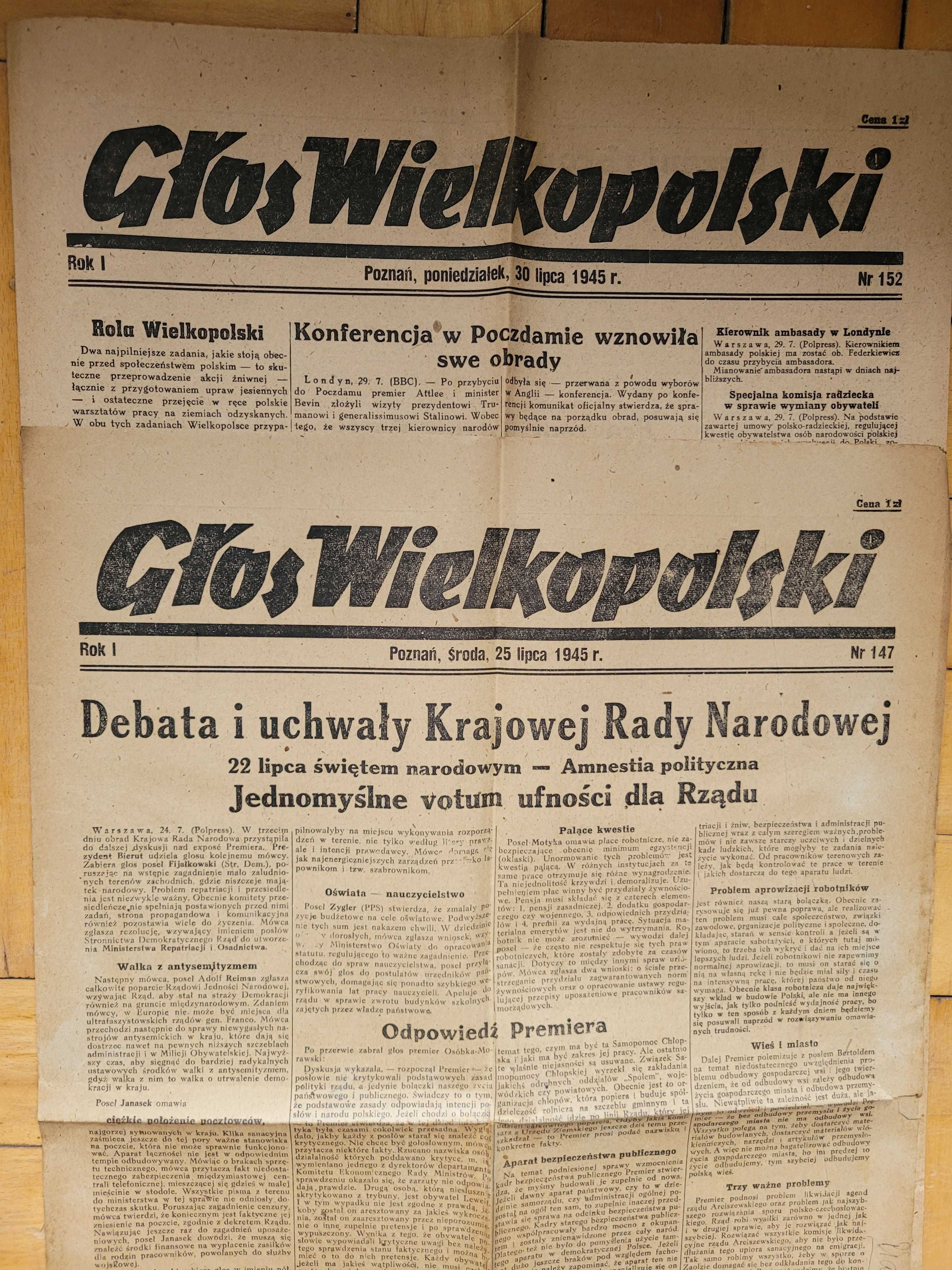 Stare gazety z 1945 Głos Wielkopolski