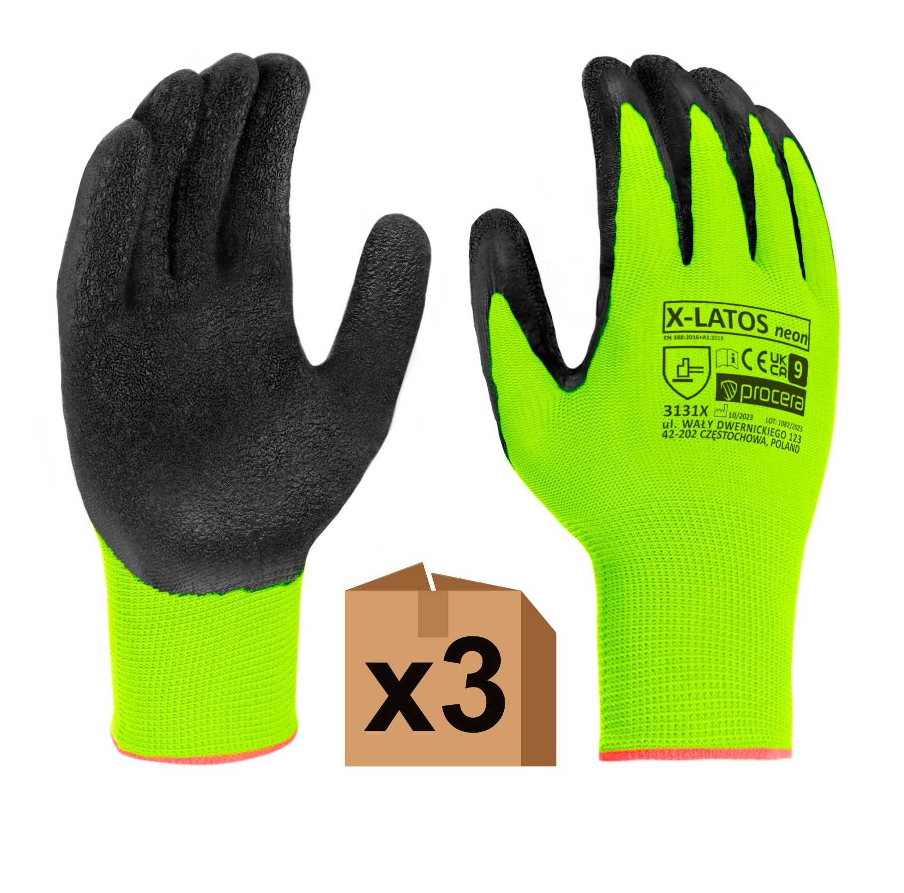 Rękawiczki Robocze Neonowe Powlekane Lateksem - 3 PARY - Rozm. 10 (XL)