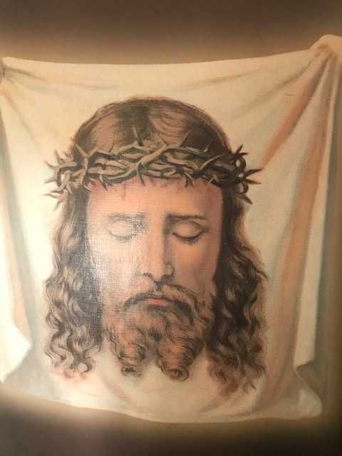 Moldura com rosto de Cristo pintado m estampa plastificada