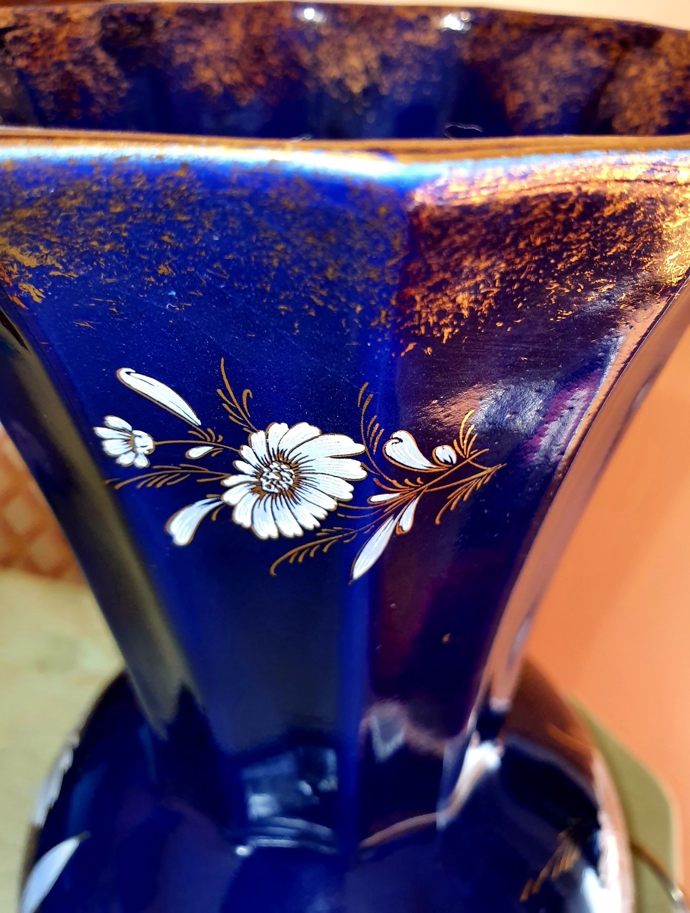 Piękny duży wazon porcelanowy granat + złoto