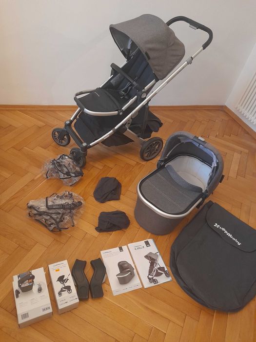 Zadbany wózek 2w1 UPPAbaby CRUZ V2, kolor szary Gregory, pełen zestaw