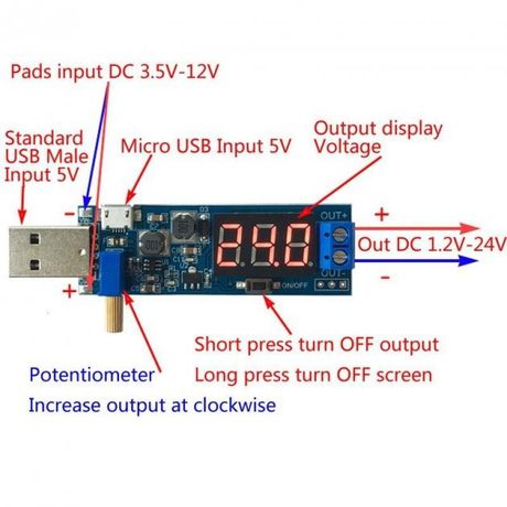 Підвищуючий-знижуючий перетворювач живлення USB з вольтметром 1- 24В