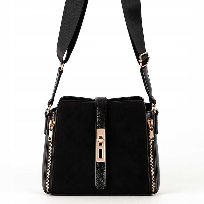 Listonoszka Damska Czarna Elegancka Torebka na Ramię Skóra Eko Zamsz