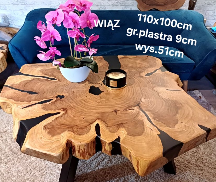 Stolik kawowy 110x100cm PIĘKNY OKAZ LIVE EDGE plaster drewna loft