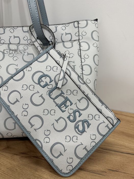 Oryginalna torebka Guess niebieska kremowa duża torba shopper bag