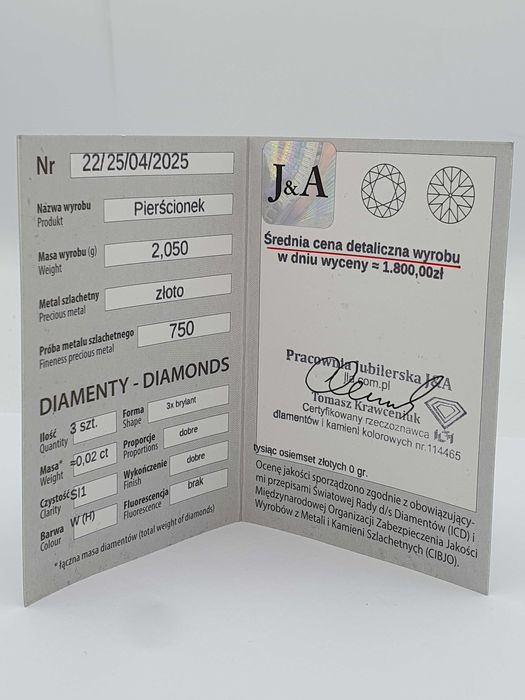 Złoty pierścionek Tous z diamentem P: 750/ G: 2,05/ CT: 0,02
