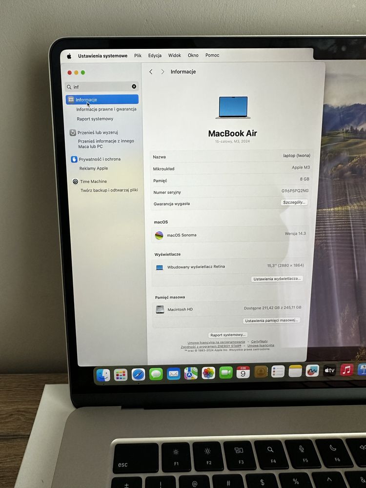 Apple MacBook 2024 Air M3/8GB/256/Mac OS Księżycowa poświata 10R GPU