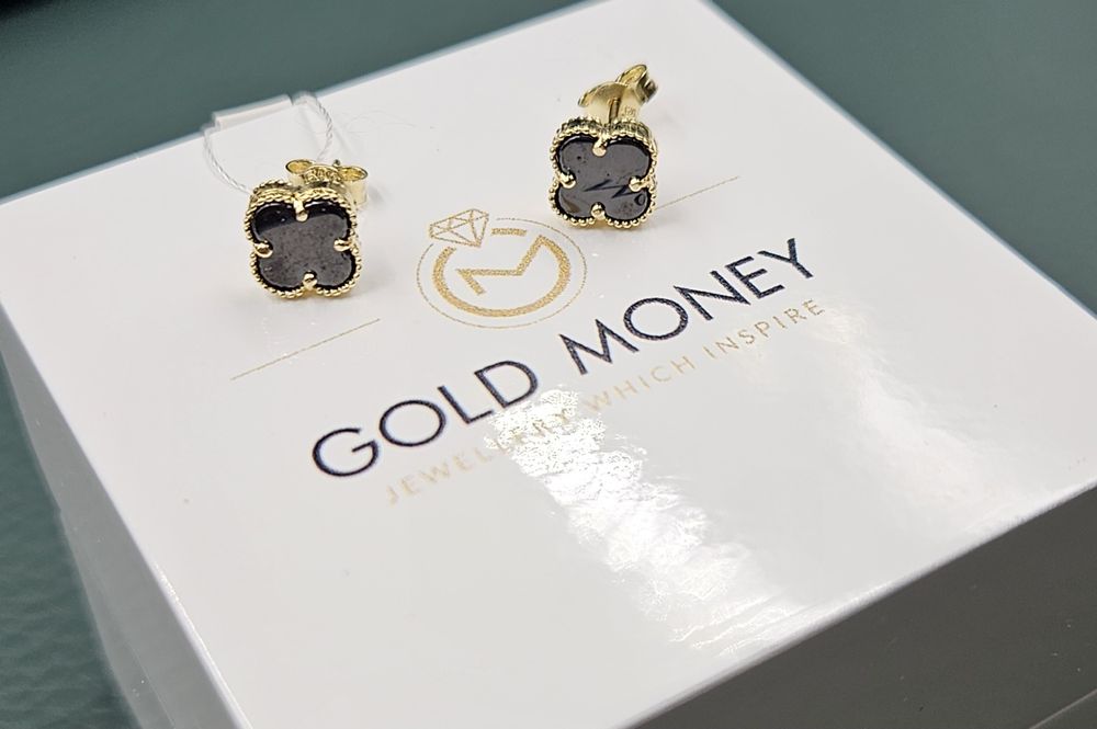 Złote kolczyki 585 z czarnym kamieniem  koniczynki GOLD M