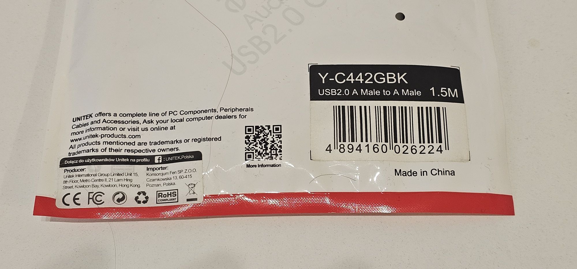 Kabel USB A do A 2.0 1.5 metra Unitek