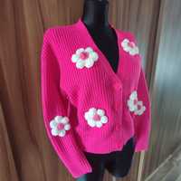 Sweter kardigan w kwiaty 3d puff