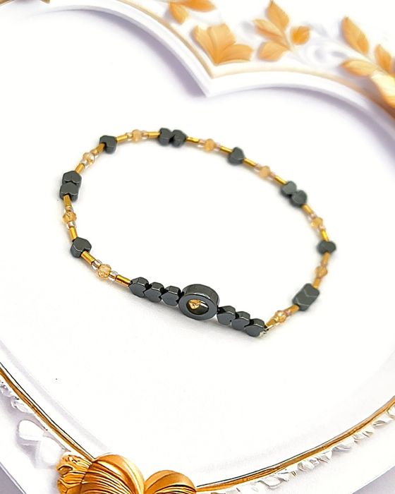 BRANSOLETKA DAMSKA HANDMADE | Hematyt Serduszka & Kryształki | Idealny