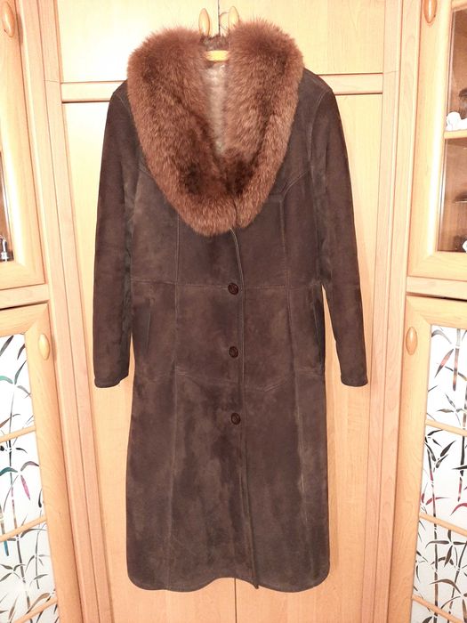 Kożuch damski, długi kożuch naturalny lis, kożuch brązowy, kożuch