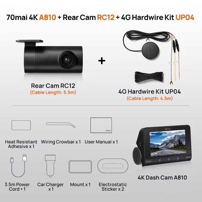 Відеореєстратор 70mai А810-2 4K дві камери (+RC12), кабель 4G Kit UP04