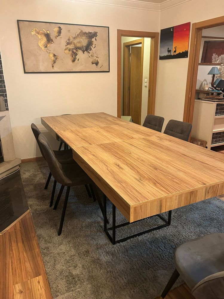 Mesa de jantar extensível com 6 cadeiras – estilo moderno industrial