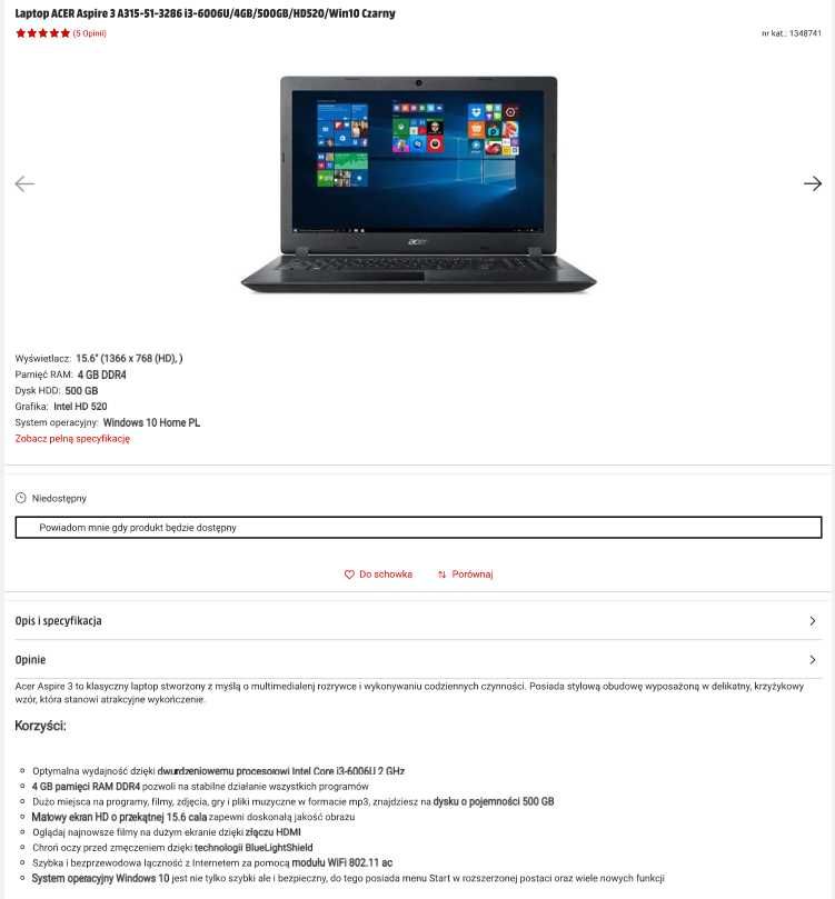 Laptop Acer Aspire A 315_51_3286