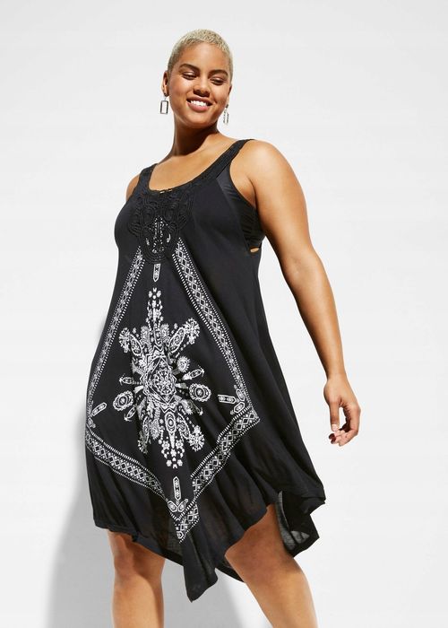 B.P.C sukienka plażowa tunika czarna z białym wzorem asymetryczna ^48/
