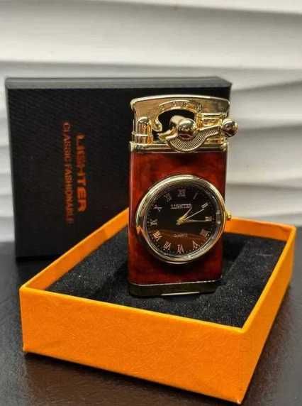 Metalowa Zapalniczka Gazowa + Zegarek - CZARNY