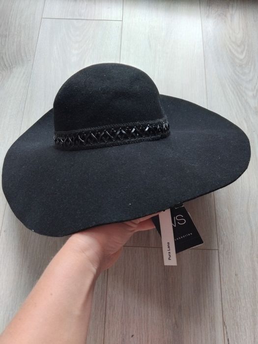 Nowy OVS 58 kapelusz 100% wełna czarny elegancki wełniany damski
