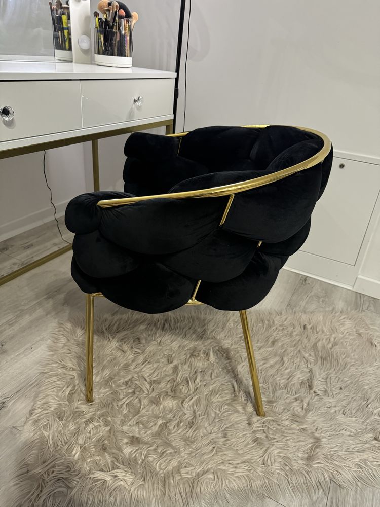 Piekne welurowe krzesło fotel balloon czarno złote