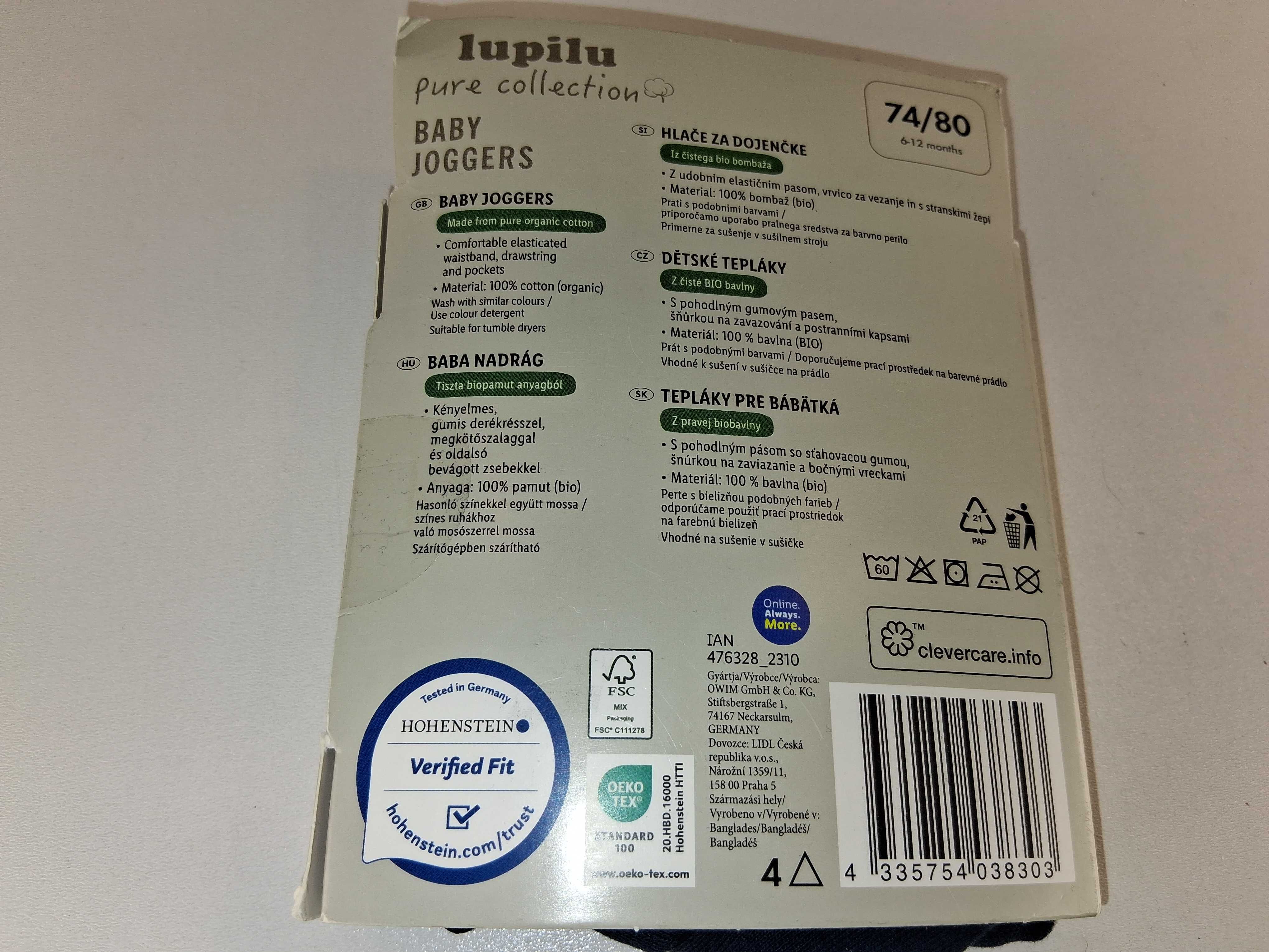 A217 Lupilu Pure Collection Baby Joggers Spodnie Bawełna 74/80