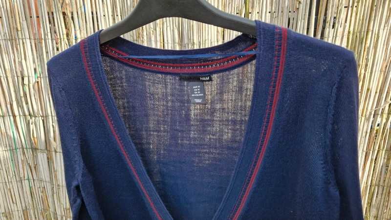 H&M kardigan sweter sweterek granatowy czerwony paski wełna modny 38/M