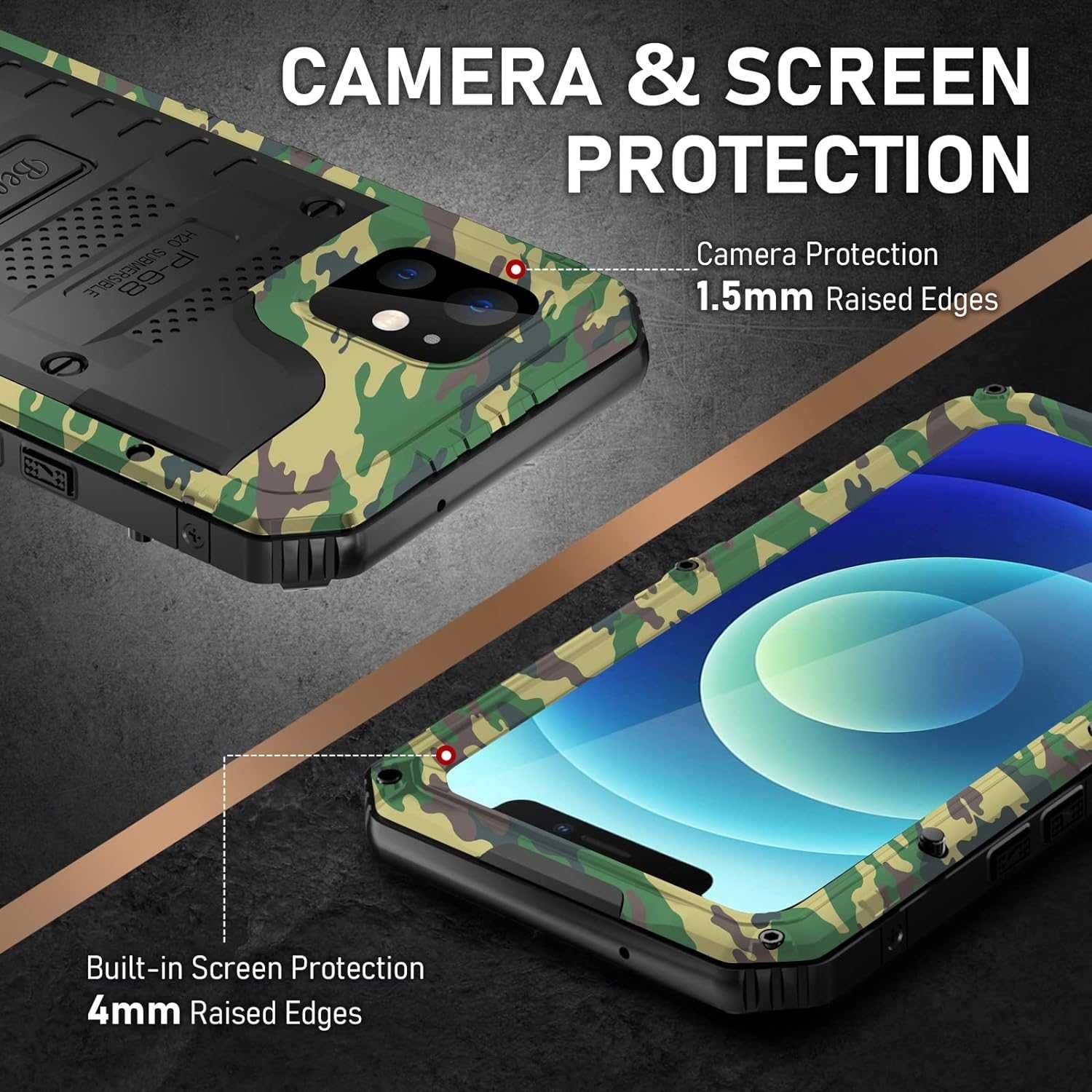 Beeasy iPhone 12 etui wodoodporne pancerne IP68 Metalowa kamuflaż