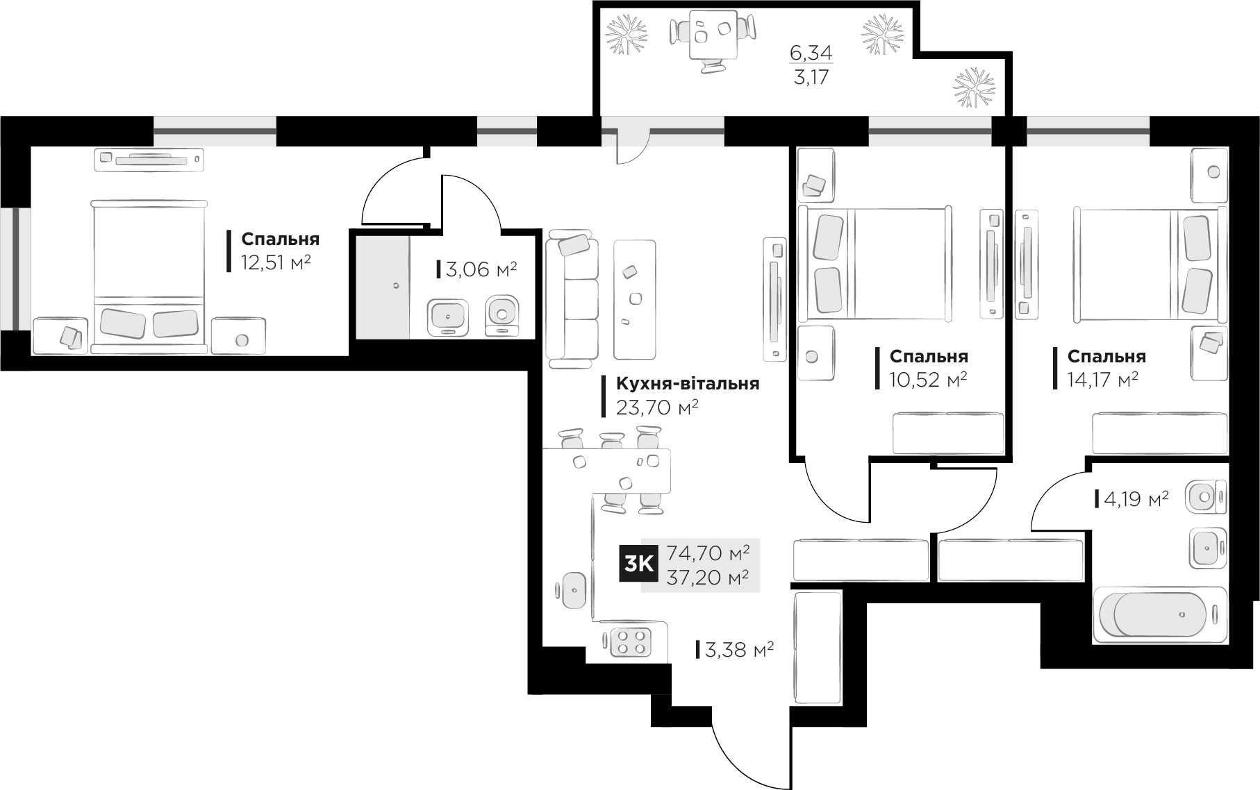 Продаж 3 кім. квартири Perfect Life Винники 74.7 кв.м