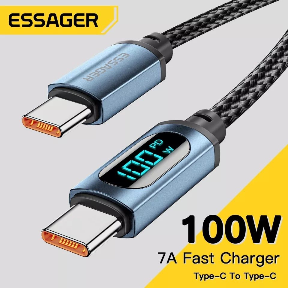 Кабель з экраном 2 метри ESSAGER 100W PD usb-C to usb-C, black