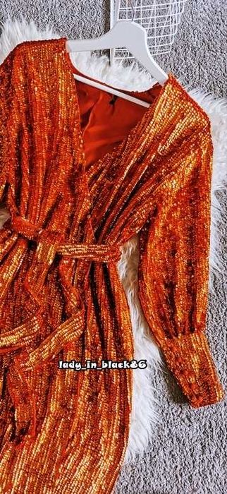 Asos Sukienka Midi Miedziana Cekinowa Kopertowa Wiązana Ekskluzywna