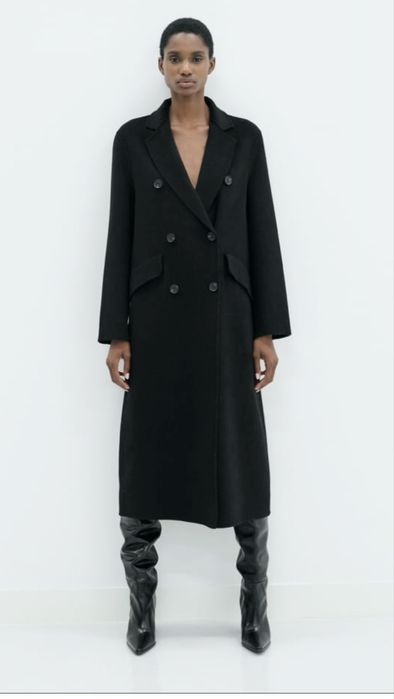 Чорне двобортне довге пальто з вовною вільного прямого крою від zara