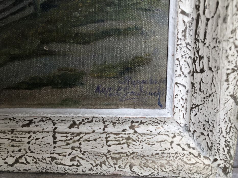 Stary obraz na płotnie z serii „Wiejskie Chaty”