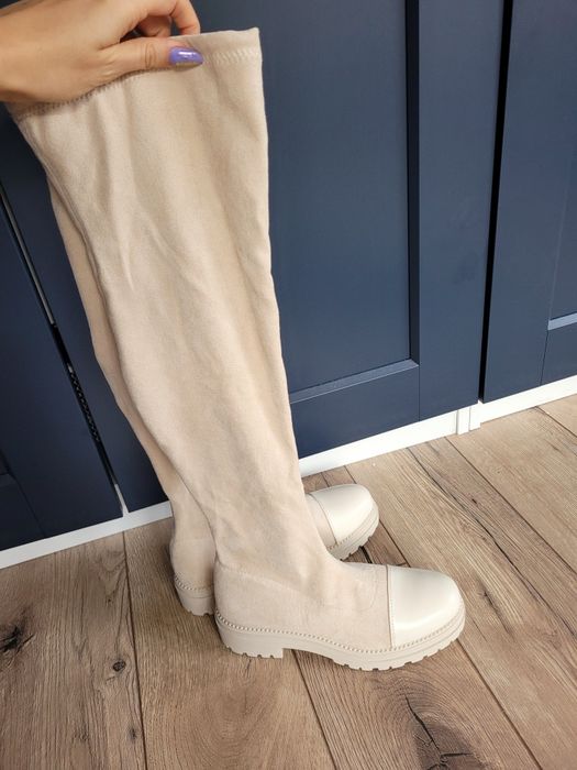 Kozaki wysokie trapery buty koty jasny beż zamsz 37