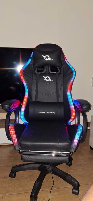 Cadeira Gaming PowerGaming LED RGB – Preta, com Apoio para os Pés