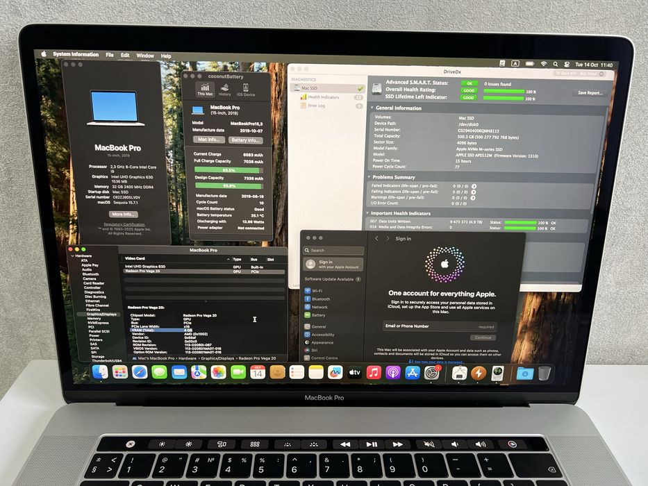 MacBook Pro 15 2019 32/512gb. i9, Radeon Pro Vega 20. 11 циклов акб.