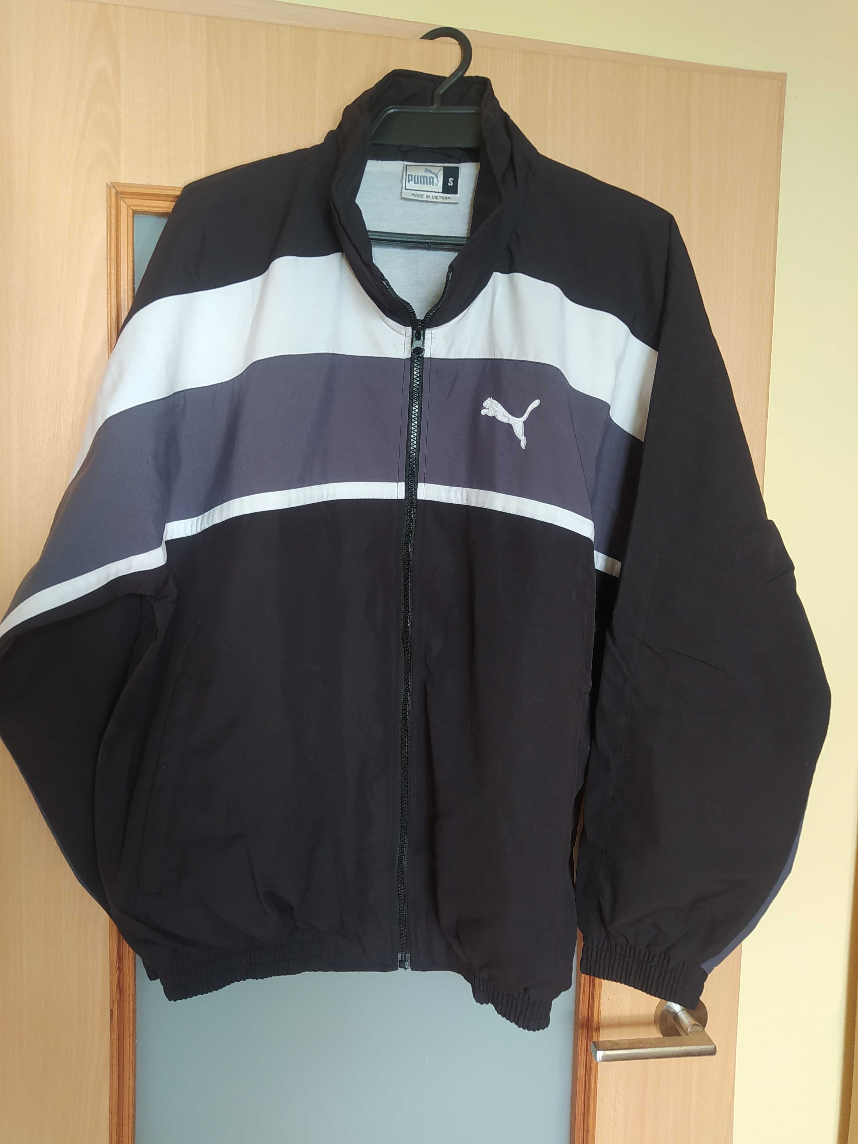 Dres Puma; spodnie i bluza; czarny, biało-szare paski, roz.S
