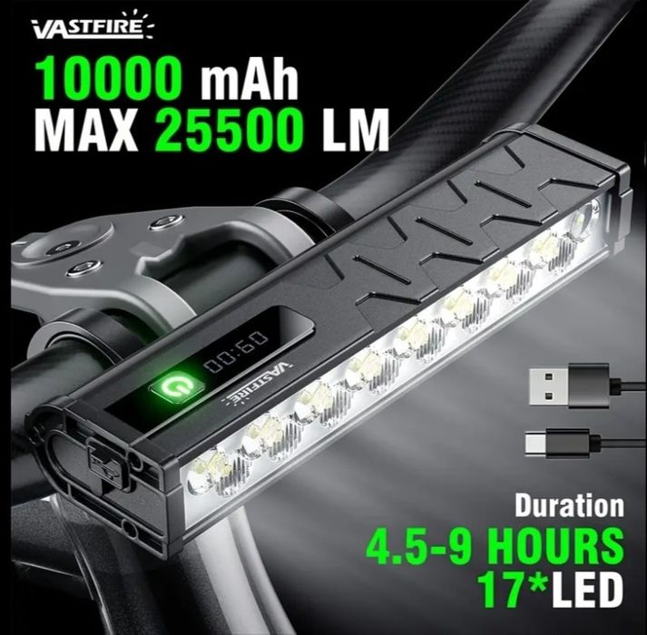MEGA MOCNA Lampa Rowerowa VASTFIRE LED 25500 LM | 10000 mAh USB-C
