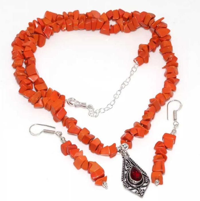 naszyjnik z kolczykami Kamień CZERWONY KORAL ZAWIESZKA GRANAT