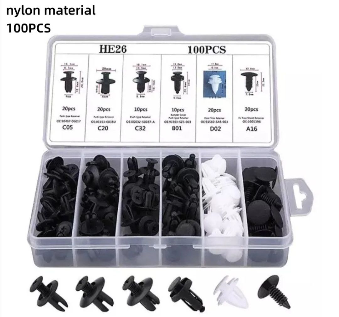 Kit de 100 Rebites Nylon , Molas de Friso, Clipes de Fixação Automóvel