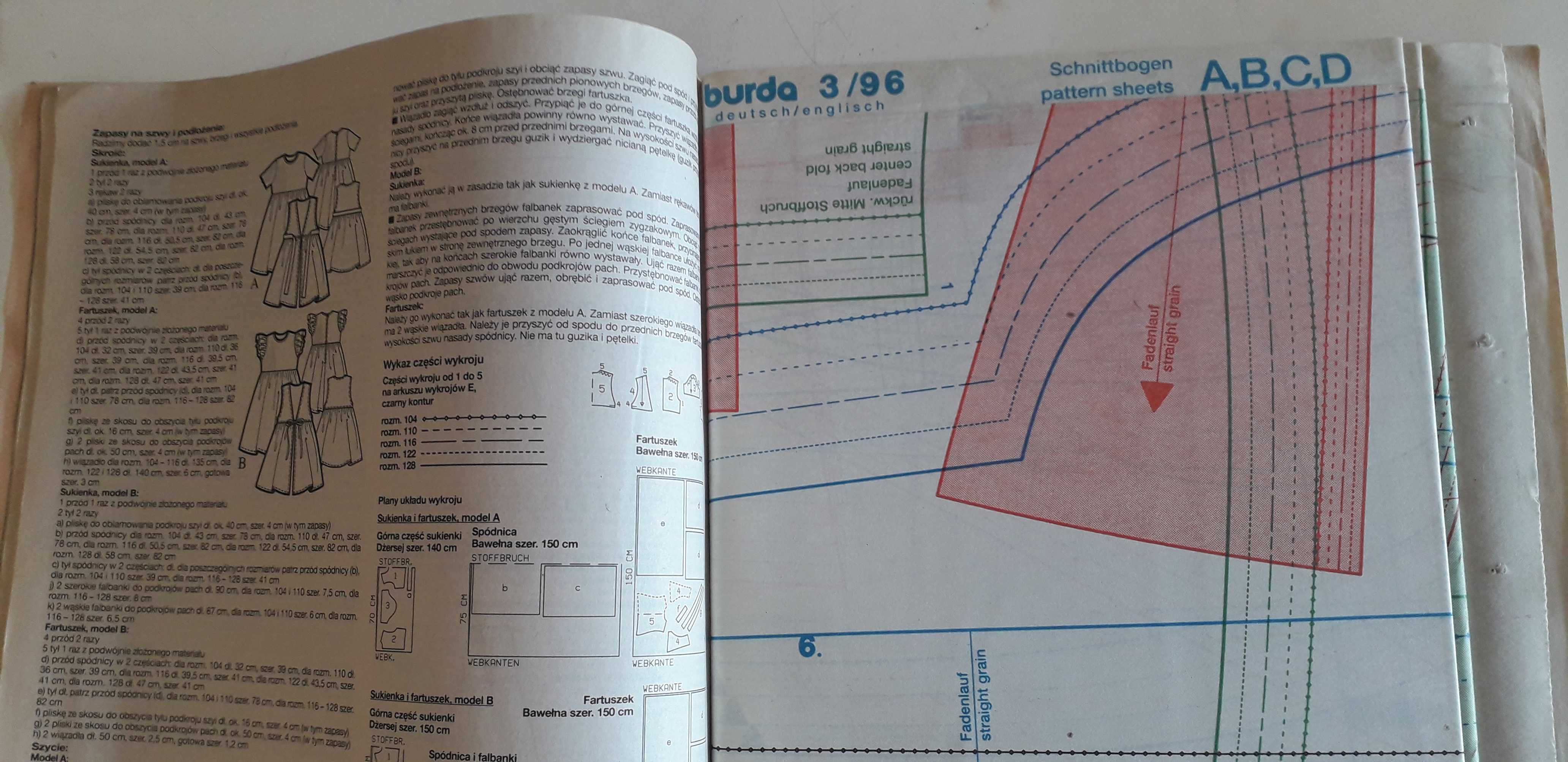 Miesięczniki modowe BURDA 1996 rok - nr 2, 3, 5, 6, 8 - z wykrojami