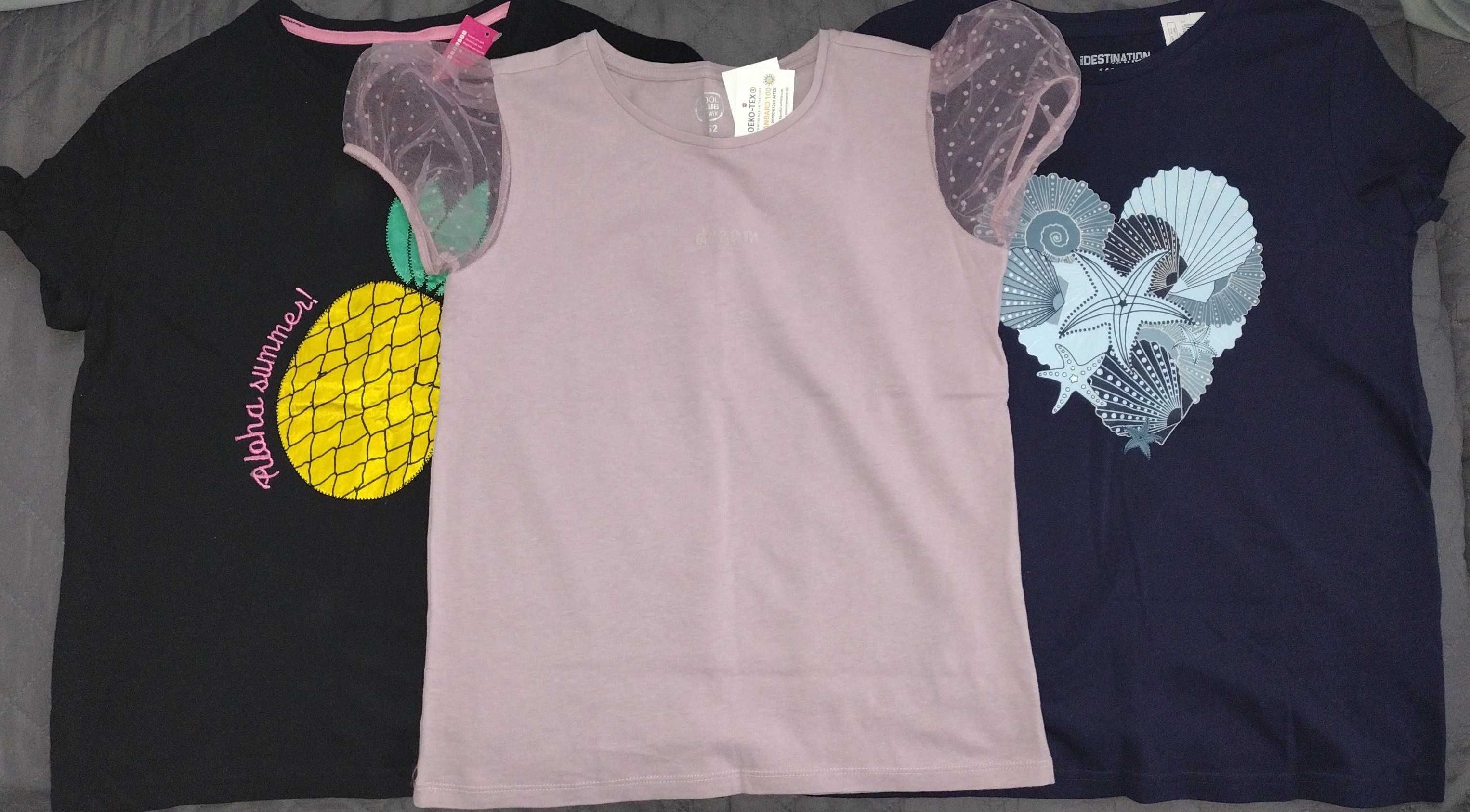 3 koszulki dziewczęce, z krótkim rękawem, r. 146-152, NOWE, z metką