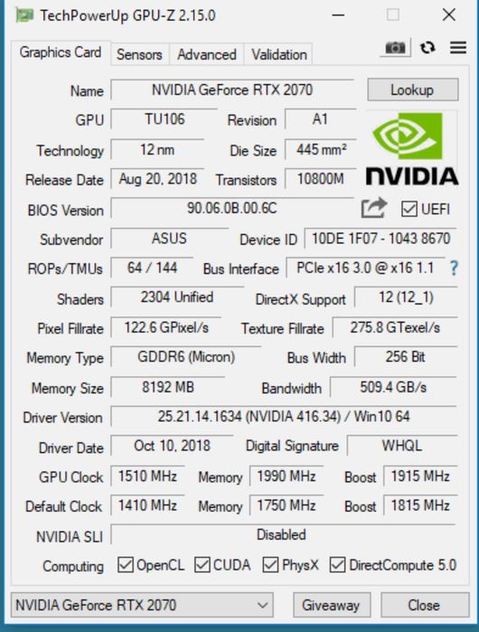 Видеокарта RTX 2070 Asus Rog Strix
