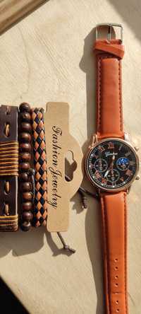 Nowy męski zegarek i 3 bransoletki brązowy