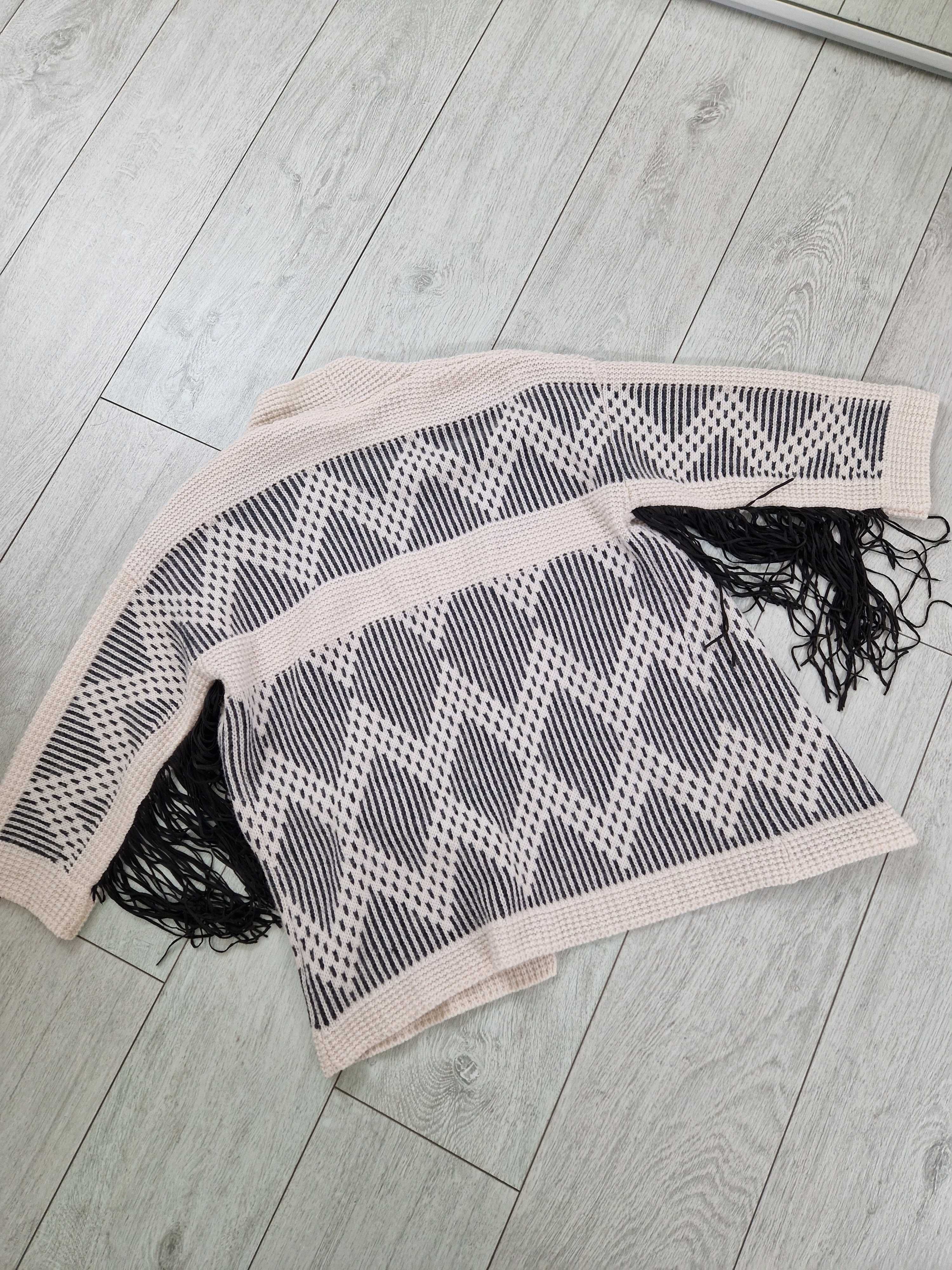 H&M żakardowy kardigan sweter z frędzlami wełniany wełna alapaka XS