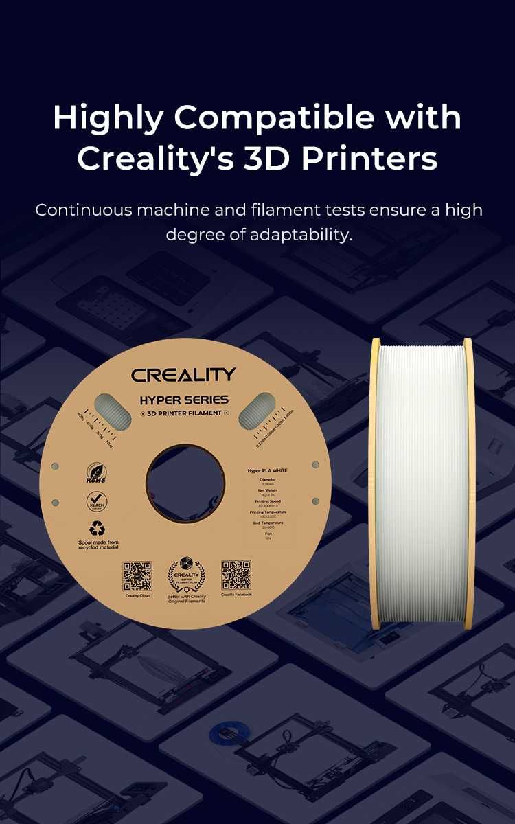 Білий пластик, філамент Hyper PLA для 3D принтера CREALITY 1кг, 1.75мм