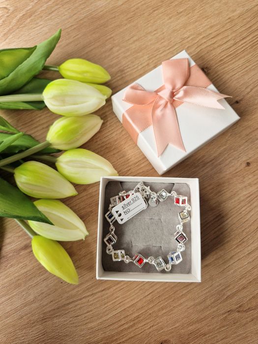 Bransoletka 925 srebrna posrebrzana kolorowe kostki nowa na prezent