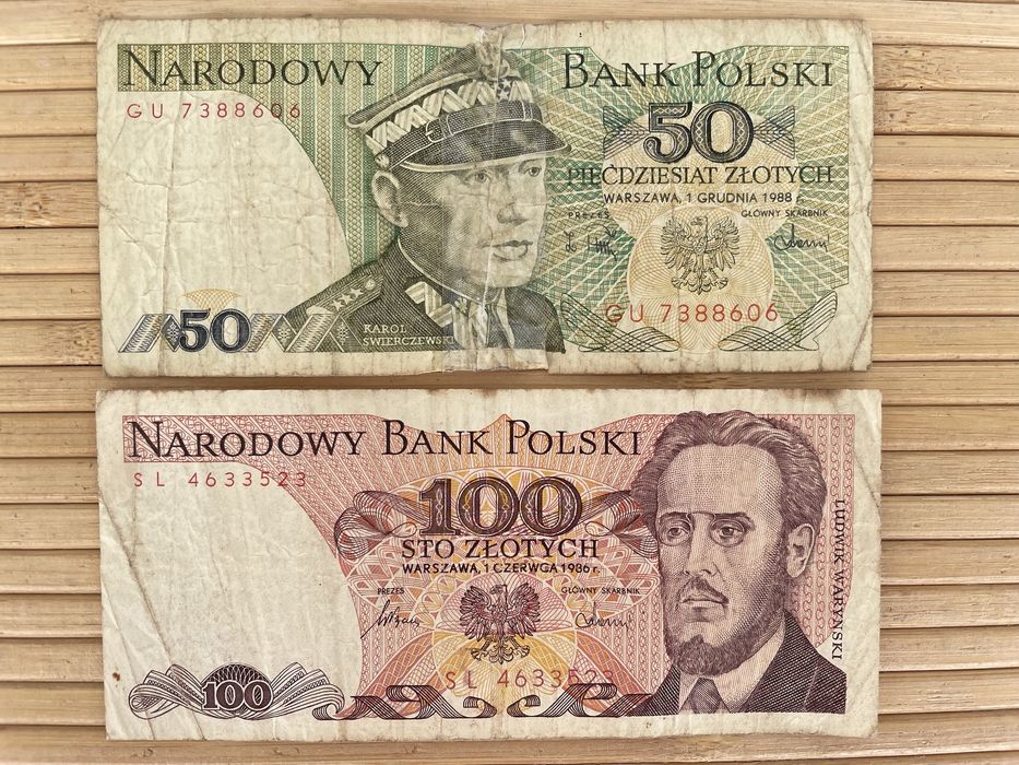 Купюри 100 злотих 1986 та 50 злотих 1988