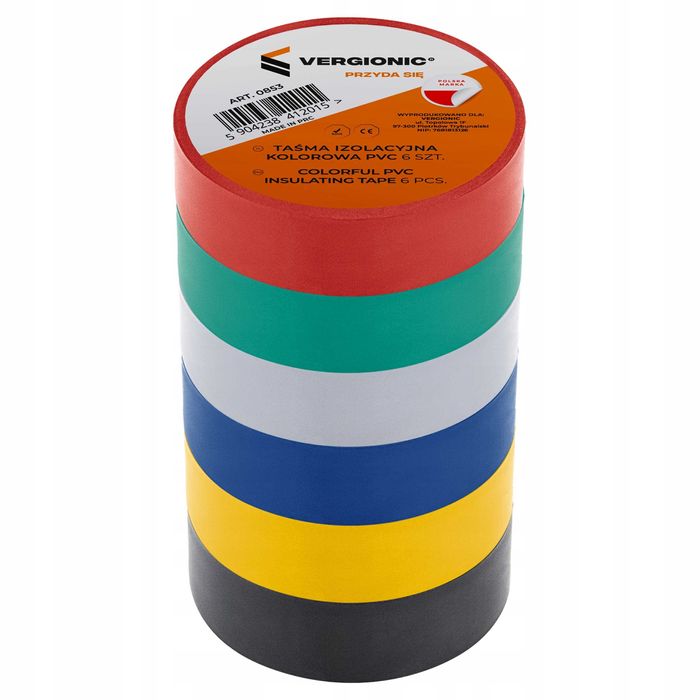 Taśma izolacyjna kolorowa wodoodporna elastyczna PVC 6m x 17mm 6 szt.