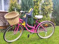 Różowy rower damski miejski z fotelikiem dla dziecka 1-3 lata